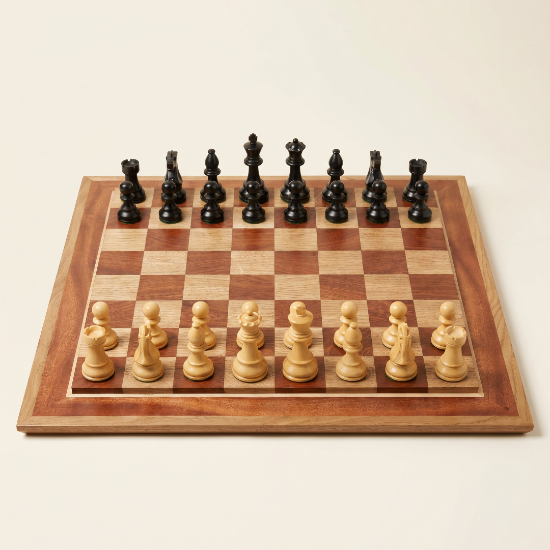 Studio view of a handcrafted Dechamel chess board on a light backdrop